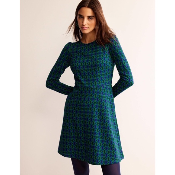 Boden Dresses & Skirts - BODEN Jacquard Knit Atlantic Azure Diamond Print Dress Puff Sleeves Size 16 18